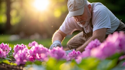 Garden scene, gardener carefully edging path, blooming flowers, bright spring colors