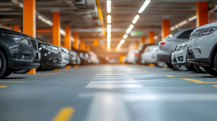 Underground parking lot some cars parked left view Awardwinningdepth of field