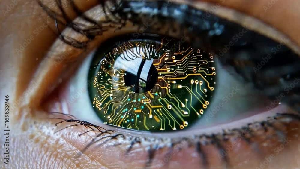 Aufkleber A close-up view reveals a human eye with vibrant circuit patterns intricately reflected in the iris. The blending of natural and digital elements highlights technology's evolving role in humanity.