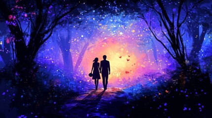 Fototapeta premium A Couple Walks Through A Magical Enchanting Forest