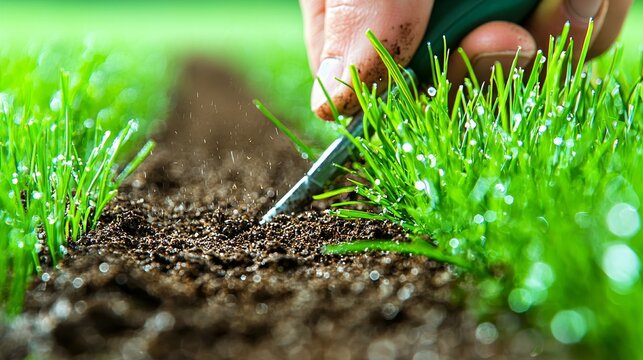 Gardener's hand with edging tool in action, earthy tones of soil, grass blades fresh and dewy, early spring flowers peeking through, natural lighting