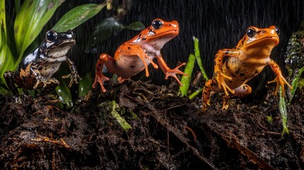 Naklejka premium Colorful Frogs Jumping in a Misty Jungle Scene