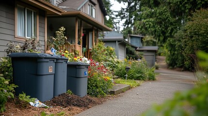 Obraz premium Suburban street scene with overflowing trash cans near lush gardens.