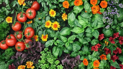 Naklejka premium a vibrant assortment of companion plants, including tomatoes with glossy red fruit, marigolds with bright orange and yellow blooms, and basil with intricate leaf veins. 