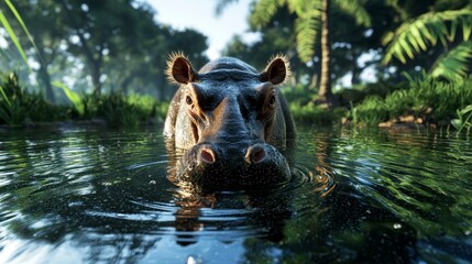 Fototapeta premium Hippo drinking at pond, realistic zoo habitat, warm summer atmosphere