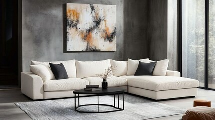Modern off-white sectional sofa with black coffee table in contemporary living room.