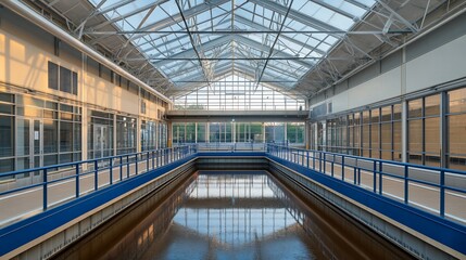 Obraz premium Modern industrial building interior with a large central water basin and glass roof.