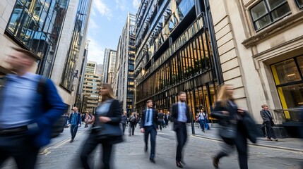 Blurred motion of business people commuting in a city street.