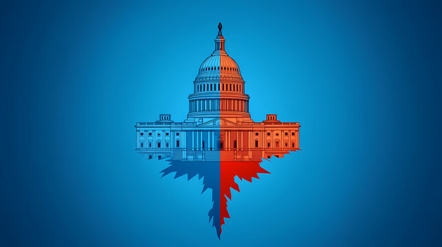 Illustration of us capitol with one half red and the other half blue, republicans vs democrats concept advertisement style,. Ethersea. Illustration
