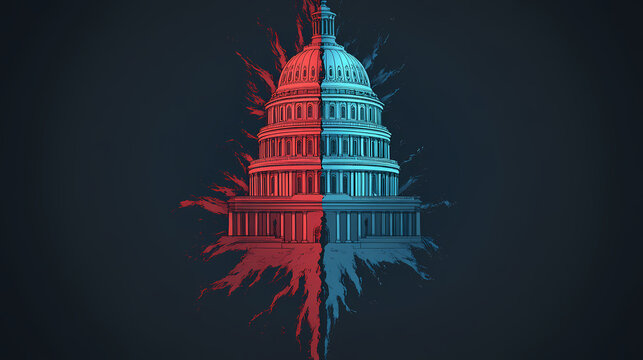 Illustration of us capitol with one half red and the other half blue, republicans vs democrats concept advertisement style,. Ethersea. Illustration