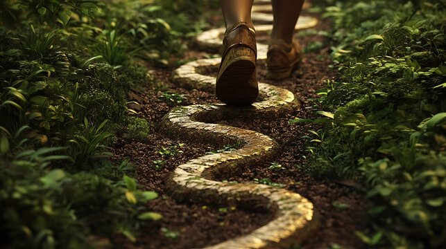 A close-up of a person’s feet walking along a winding path through a forest, symbolizing the journey toward a meaningful goal 
