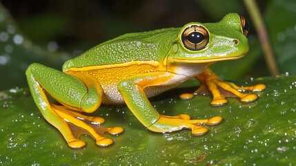 Obraz premium Vibrant green and gold frog perched on a leaf.