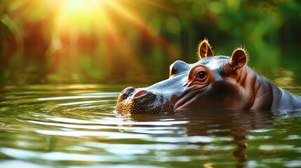 Fototapeta premium Hippo drinking water in zoo environment, close-up of mouth, sunlit pond with ripples, educational and conservation theme, vibrant greenery around