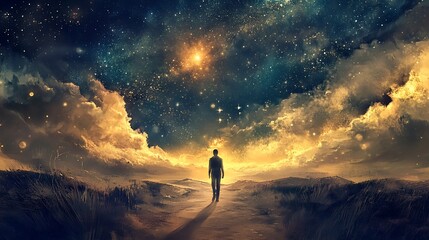 Obraz premium Man walking towards bright starlit sky on path.