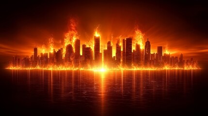 Intense urban fire, flames devouring building, glowing horizon, apocalyptic mood