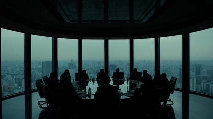 Silhouetted Business Meeting with Panoramic City View