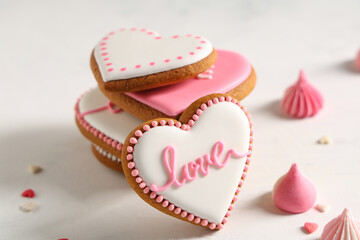 Heart shaped cookies with decor on white background. Valentine's day celebration