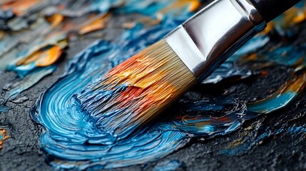 Fototapeta premium Paintbrush Applying Blue Orange And Black Paint