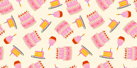 Lovely birthday pattern design with cakes on blue background. Festive artistic cover. Poster, business card, invitation, flyer, banner, email header, menu, wrapping paper, wallpaper