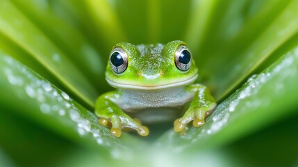 Naklejka premium Green Frog in Dense Jungle Environment with Soft Lighting