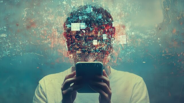 Unwanted message concept. Person with a digital head holding a smartphone in a futuristic setting.