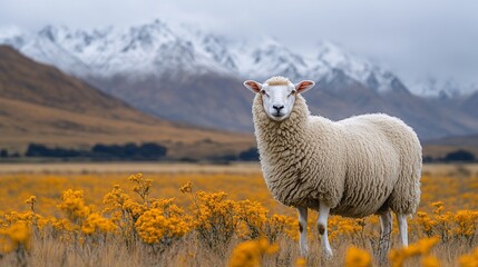 Fototapeta premium White Sheep Standing In Yellow Flowers Mountain Background