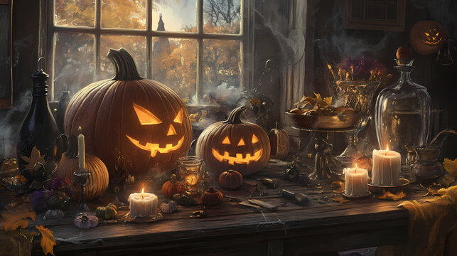 A spooky halloween scene with pumpkins, candles, and other witchy items on a wooden table. Ethersea. Illustration