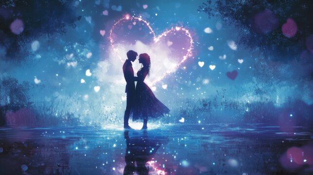 Romantic Couple Embraces Under Sparkling Heart Night Sky