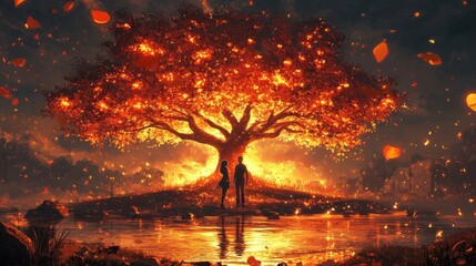 Couple Silhouetted Against a Fiery Autumn Tree