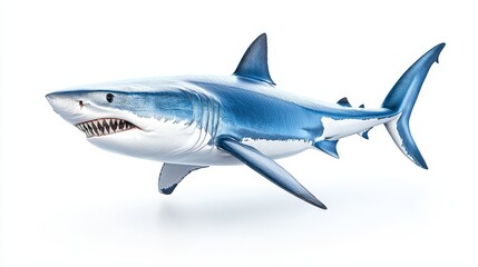 Obraz premium Aggressive shark with a menacing glare, detailed teeth and rough texture, floating against a pure white background, designed for advertising