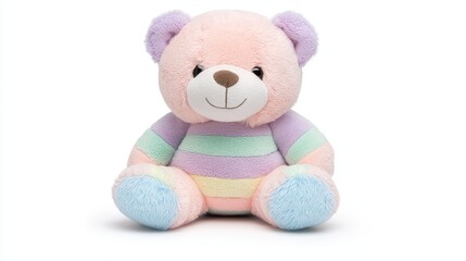 Fototapeta premium Colorful stuffed toy, chubby teddy bear, plush texture, dynamic angle, cute and playful, isolated on white background