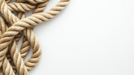 A close-up shot of a thick brown rope with a white background. The rope is laid out in a random pattern.