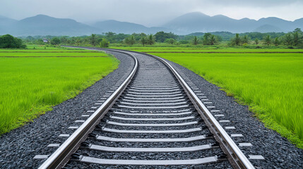Fototapeta premium Railway Tracks Leading to Verdant Fields: A solitary set of railway tracks stretches towards a horizon painted with lush green fields and distant mountains, under a sky veiled in a gentle rain.