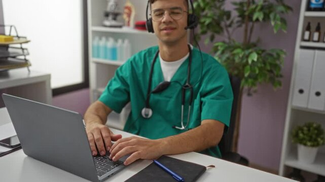 Young hispanic male nurse using laptop in a hospital room with stethoscope and headset suggesting telemedicine consultation setting.
