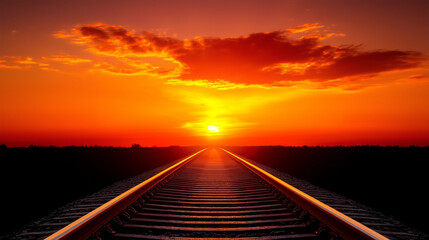 Sunset Railroad Tracks: A fiery sunset casts an orange glow over a long stretch of railroad tracks vanishing into the horizon, symbolizing journey, dreams, and the road ahead.