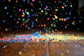 Obraz premium Colorful confetti falling onto a dark wooden surface. Festive and celebratory mood.
