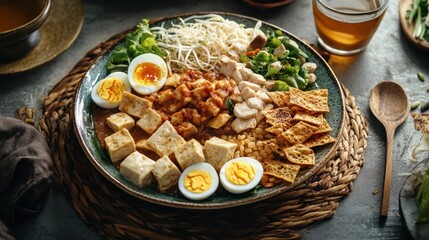 Fototapeta premium Aromatic Indonesian Gado-Gado Salad: Tofu, Chicken, and Peanut Sauce Delight