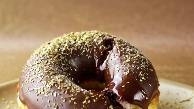 Gold chocolate cronut with molten ganache and crispy flakes, set against a gold and brown background enhancing luxury