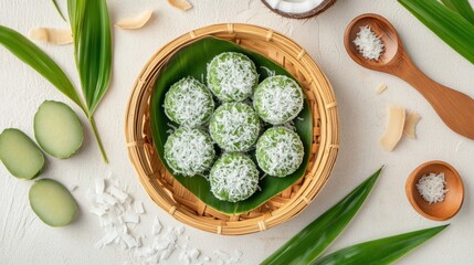 Delicious Pandan Kue Putu Ayu: Traditional Indonesian Sweet Treats,Served in a Bamboo Basket with Grated Coconut