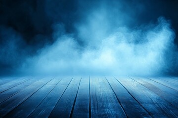 Mysterious blue fog rolls over a dark wooden floor, creating an eerie and atmospheric scene.