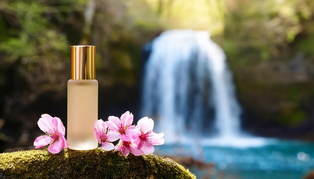 cosmetic vial with a gold cap decorated with pink flowers against the background of a spring waterfall perfume containers and cosmetics design concept mockup product for poster advertising