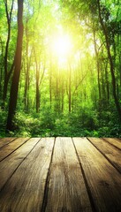 Fototapeta premium Sunlit forest scene with wooden planks in the foreground. Perfect for nature-themed designs, product displays, or peaceful backgrounds.