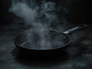 High resolution image of a hot, empty frying pan with steam rising from it, suggesting freshly cooked food or ready to cook.
