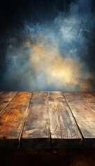 Rustic wooden table against a textured blue and gold background. Perfect for product displays or showcasing your brand.