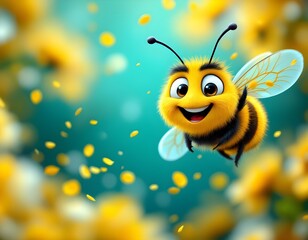 Happy Fuzzy Bee Among Yellow Blossoms: A Cheerful 3D Illustration