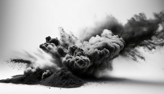 black and white photo of smoke and dust with a white background the photo has a mood of chaos and destruction