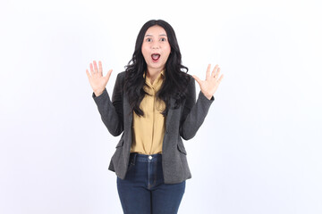 Businesswoman mouth open and both hands open