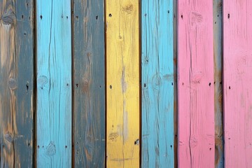 Fototapeta premium Colorful pastel wood planks background. Distressed painted wood texture. Ideal for design projects.