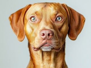 Close up photo of a friendly looking golden retriever dog with blue eyes.