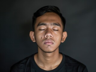 Fototapeta premium Young man practicing meditation with closed eyes and hands gently resting on his chest, embodying tranquility and mental focus.